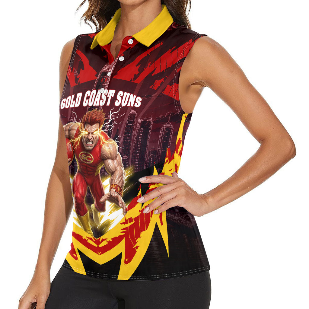Personalised Gold Coast Suns Football Women Sleeveless Polo Shirt Electric Red Flame Mascot Charging Cityscape