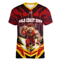 Personalised Gold Coast Suns Football Women V-Neck T-Shirt Electric Red Flame Mascot Charging Cityscape