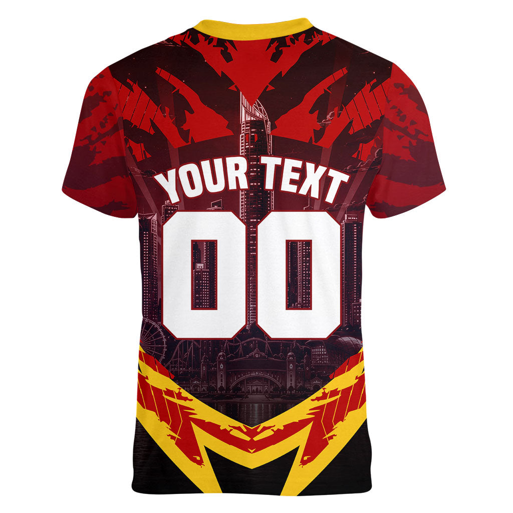 Personalised Gold Coast Suns Football Women V-Neck T-Shirt Electric Red Flame Mascot Charging Cityscape