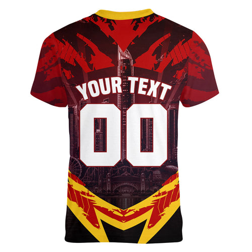 Personalised Gold Coast Suns Football Women V-Neck T-Shirt Electric Red Flame Mascot Charging Cityscape