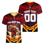 Personalised Gold Coast Suns Football Women V-Neck T-Shirt Electric Red Flame Mascot Charging Cityscape