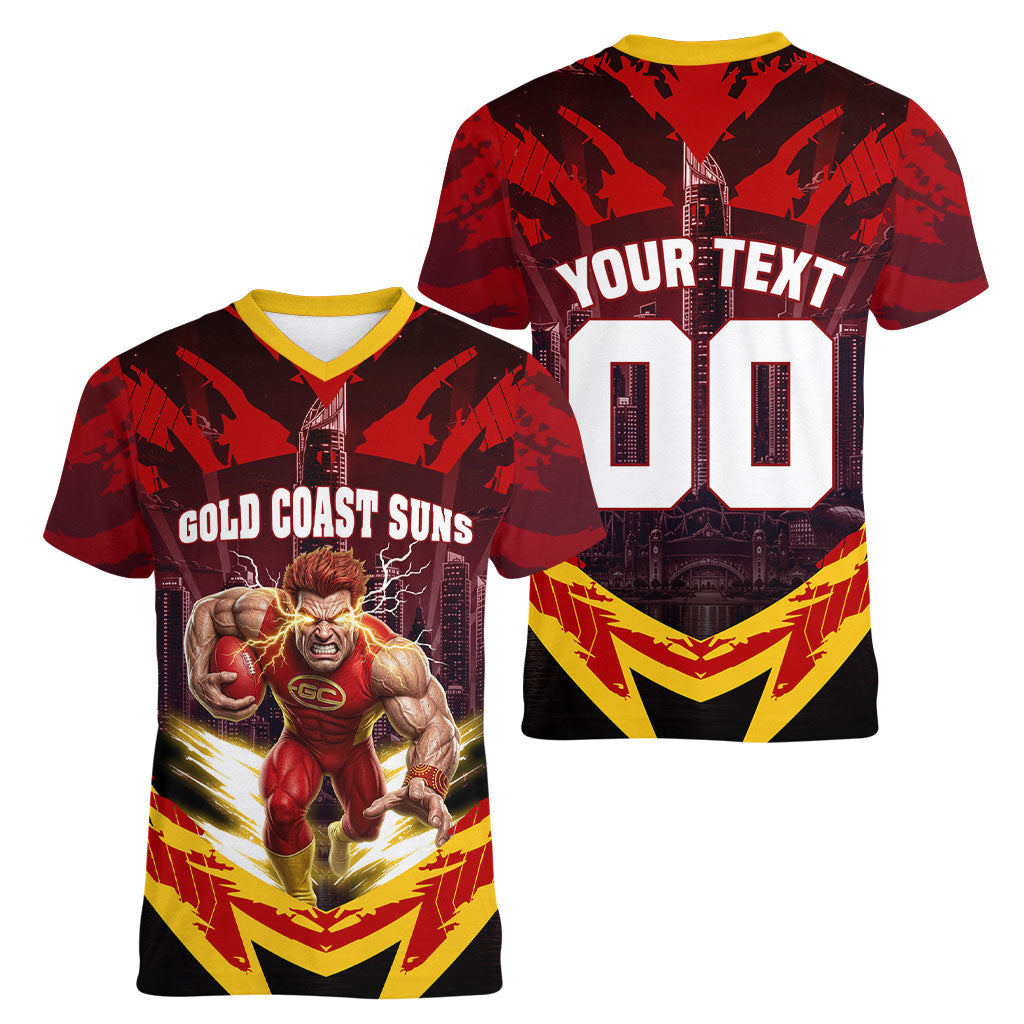 Personalised Gold Coast Suns Football Women V-Neck T-Shirt Electric Red Flame Mascot Charging Cityscape