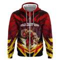 Personalised Gold Coast Suns Football Zip Hoodie Electric Red Flame Mascot Charging Cityscape