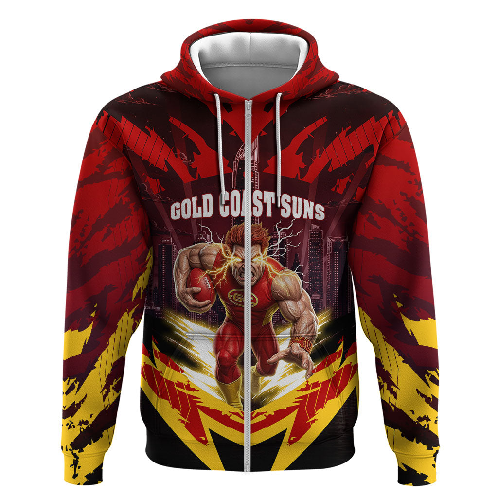 Personalised Gold Coast Suns Football Zip Hoodie Electric Red Flame Mascot Charging Cityscape