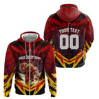 Personalised Gold Coast Suns Football Zip Hoodie Electric Red Flame Mascot Charging Cityscape