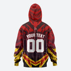 Personalised Gold Coast Suns Football Zip Hoodie Electric Red Flame Mascot Charging Cityscape