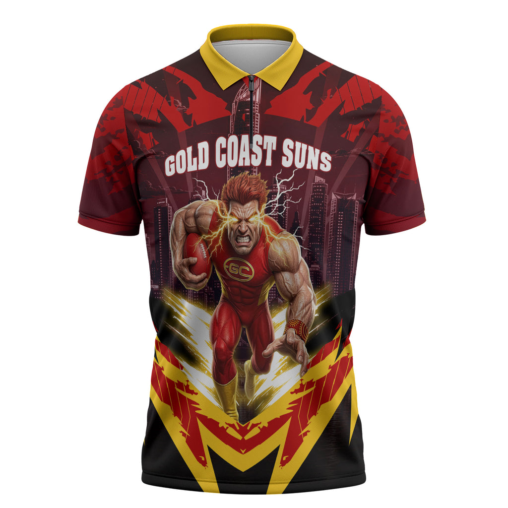 Personalised Gold Coast Suns Football Zipper Polo Shirt Electric Red Flame Mascot Charging Cityscape