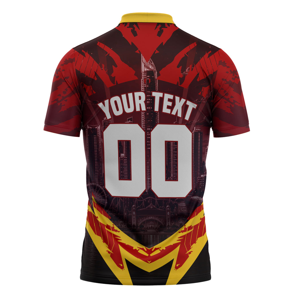 Personalised Gold Coast Suns Football Zipper Polo Shirt Electric Red Flame Mascot Charging Cityscape