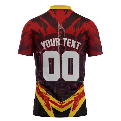 Personalised Gold Coast Suns Football Zipper Polo Shirt Electric Red Flame Mascot Charging Cityscape