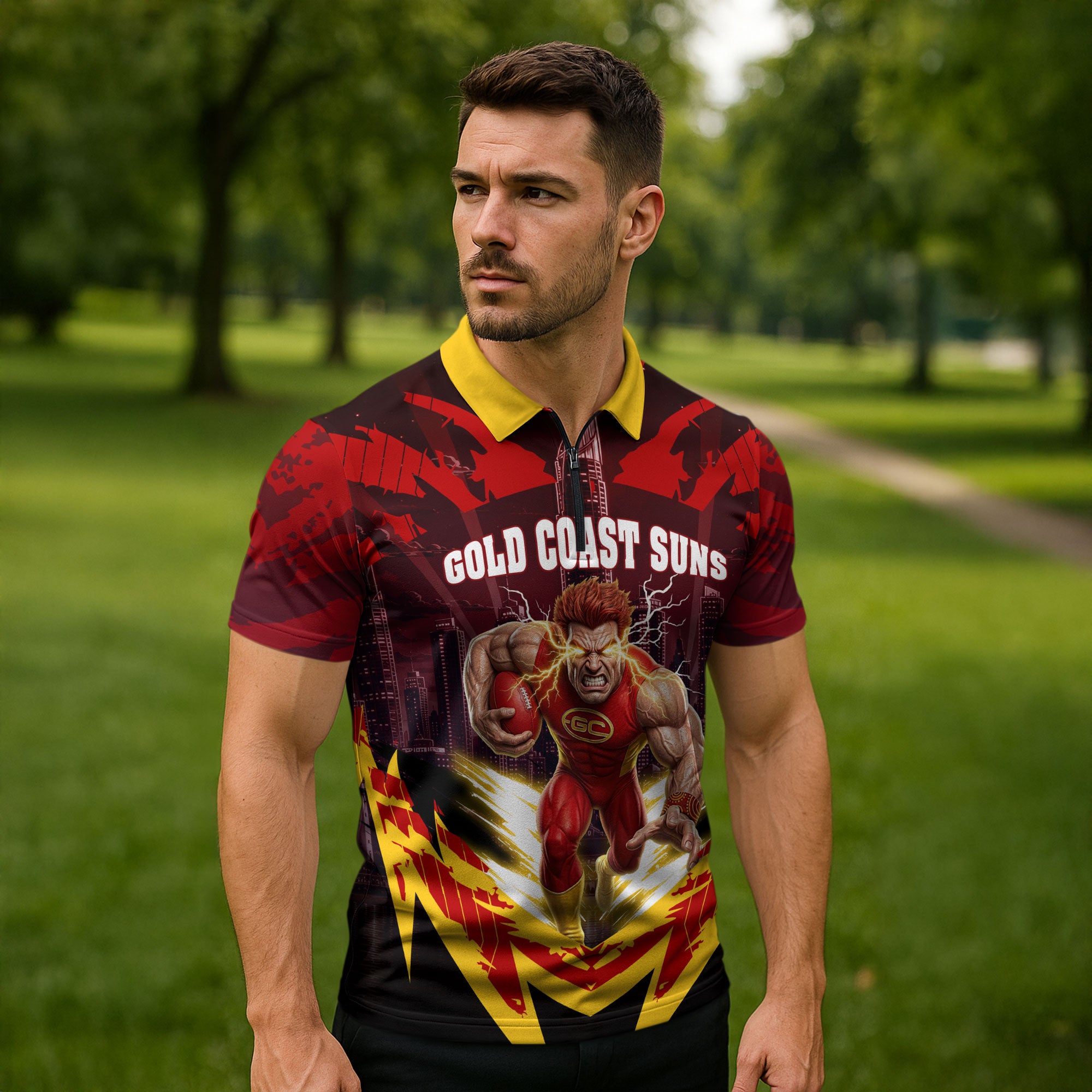 Personalised Gold Coast Suns Football Zipper Polo Shirt Electric Red Flame Mascot Charging Cityscape