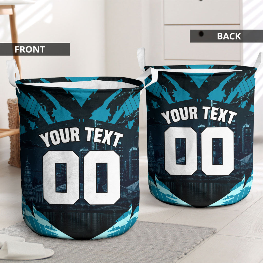 Personalised Port Adelaide Power Football Laundry Basket Teal Lightning Mascot Charging Cityscape