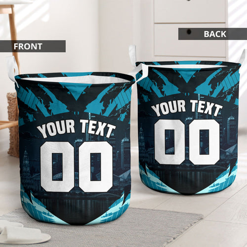 Personalised Port Adelaide Power Football Laundry Basket Teal Lightning Mascot Charging Cityscape