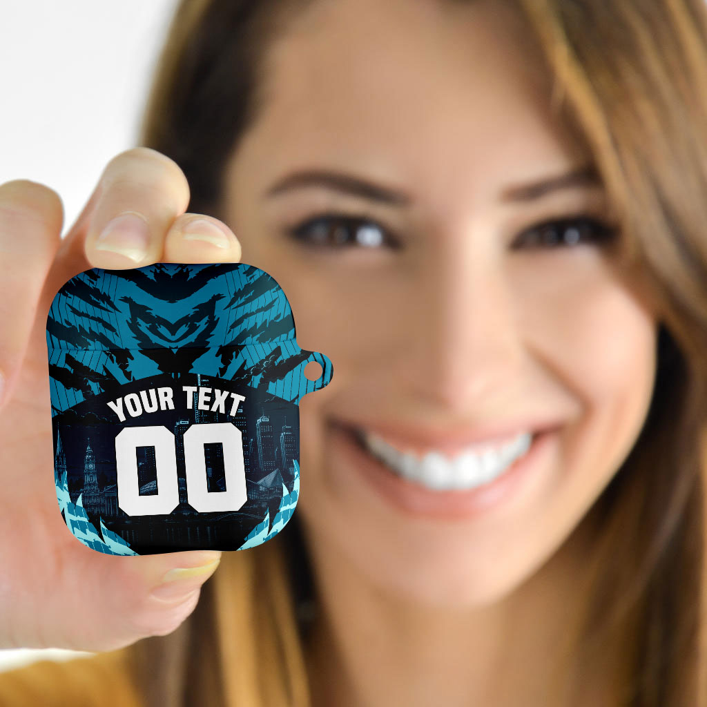 Personalised Port Adelaide Power Football AirPods Case Teal Lightning Mascot Charging Cityscape