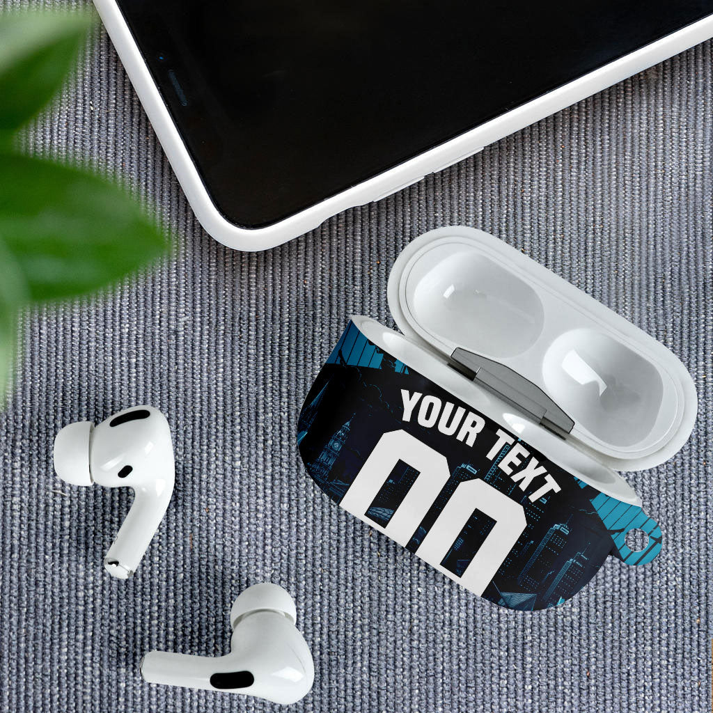 Personalised Port Adelaide Power Football AirPods Case Teal Lightning Mascot Charging Cityscape
