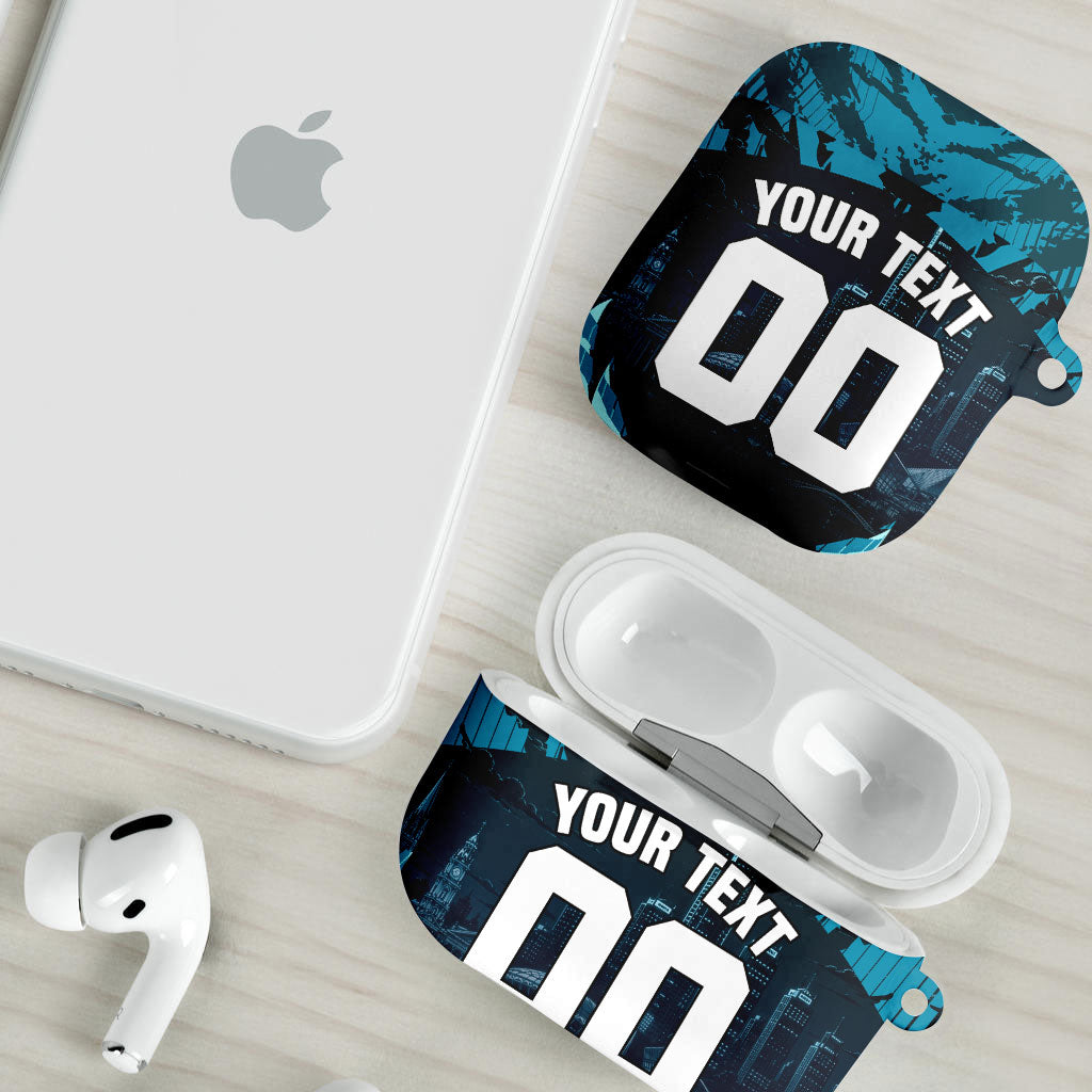 Personalised Port Adelaide Power Football AirPods Case Teal Lightning Mascot Charging Cityscape
