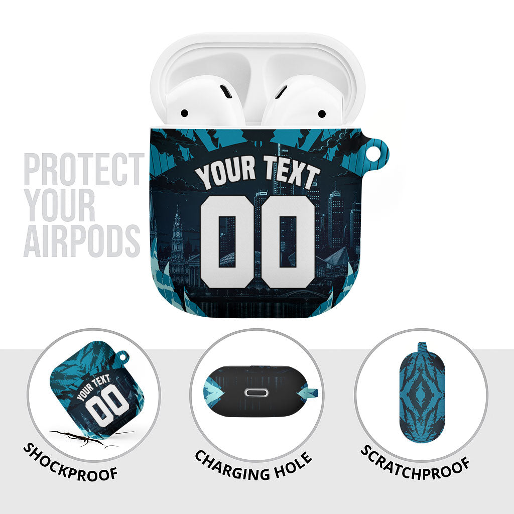 Personalised Port Adelaide Power Football AirPods Case Teal Lightning Mascot Charging Cityscape