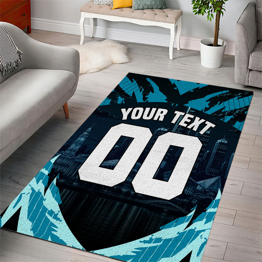 Personalised Port Adelaide Power Football Area Rug Teal Lightning Mascot Charging Cityscape