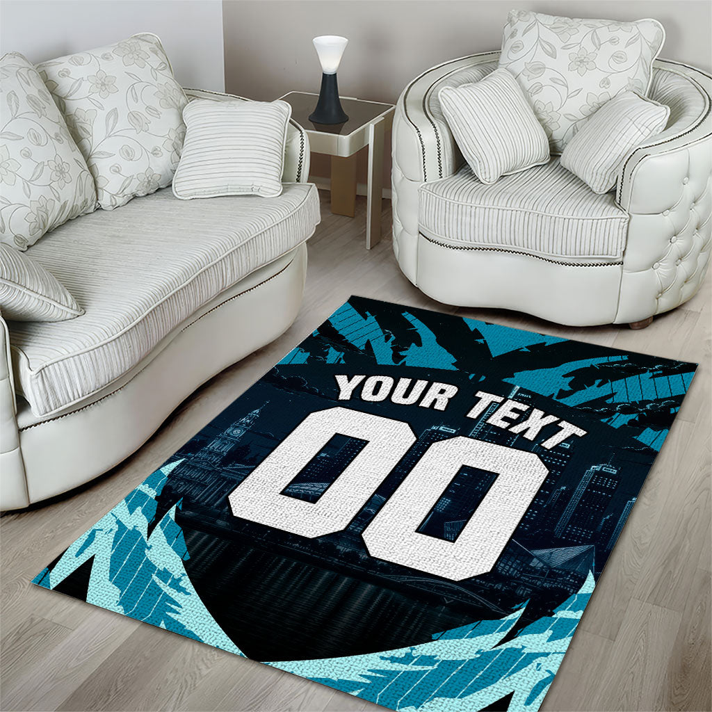 Personalised Port Adelaide Power Football Area Rug Teal Lightning Mascot Charging Cityscape