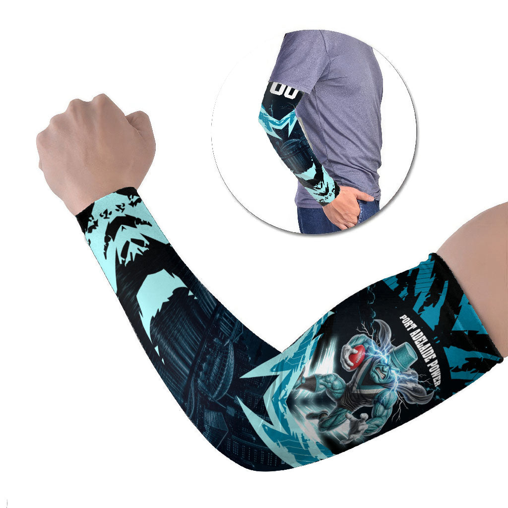Personalised Port Adelaide Power Football Arm Sleeves Teal Lightning Mascot Charging Cityscape
