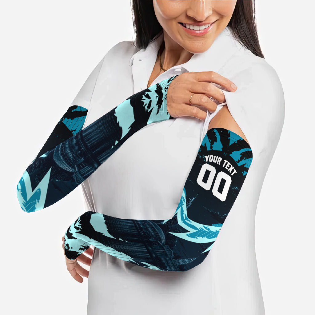 Personalised Port Adelaide Power Football Arm Sleeves Teal Lightning Mascot Charging Cityscape