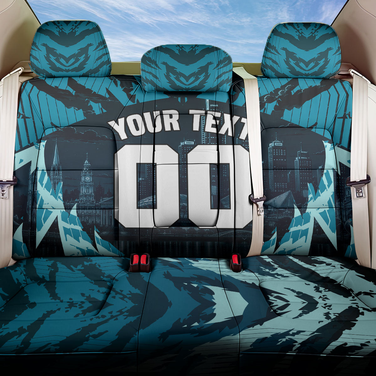 Personalised Port Adelaide Power Football Back Car Seat Cover Teal Lightning Mascot Charging Cityscape