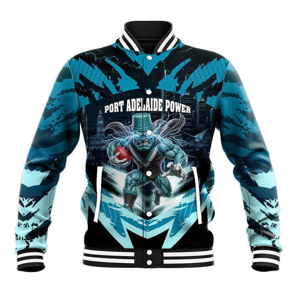 Personalised Port Adelaide Power Football Baseball Jacket Teal Lightning Mascot Charging Cityscape