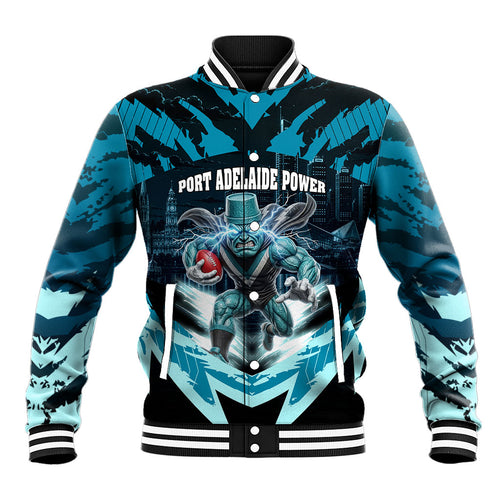 Personalised Port Adelaide Power Football Baseball Jacket Teal Lightning Mascot Charging Cityscape