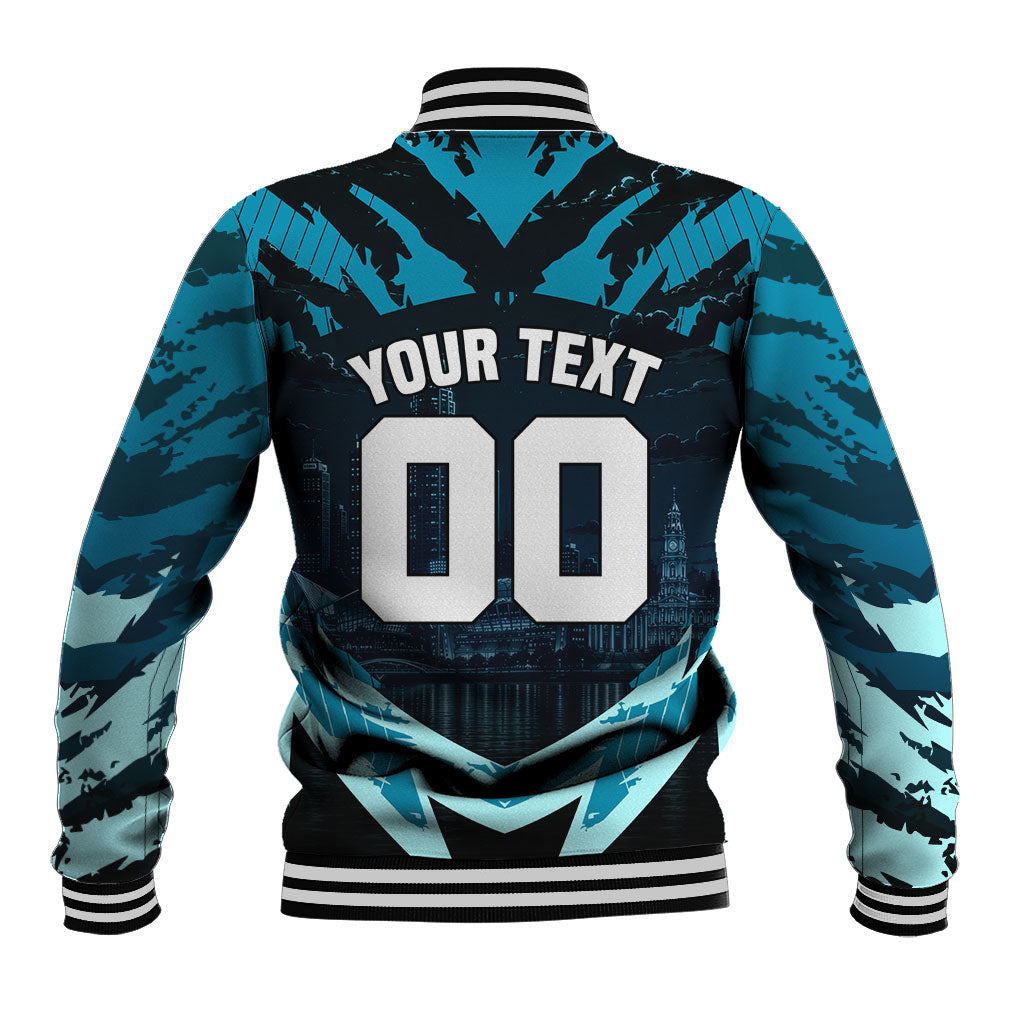 Personalised Port Adelaide Power Football Baseball Jacket Teal Lightning Mascot Charging Cityscape