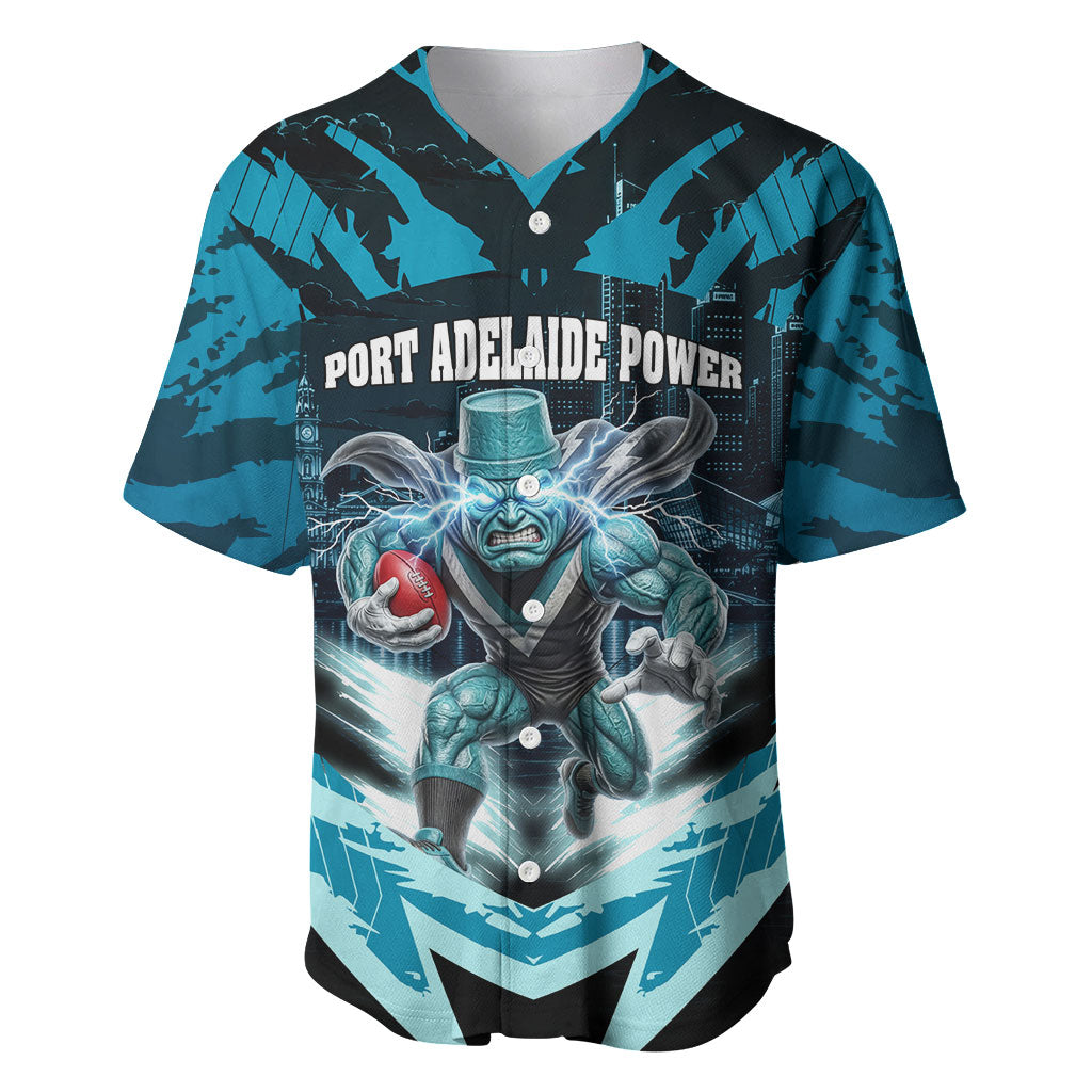 Personalised Port Adelaide Power Football Baseball Jersey Teal Lightning Mascot Charging Cityscape