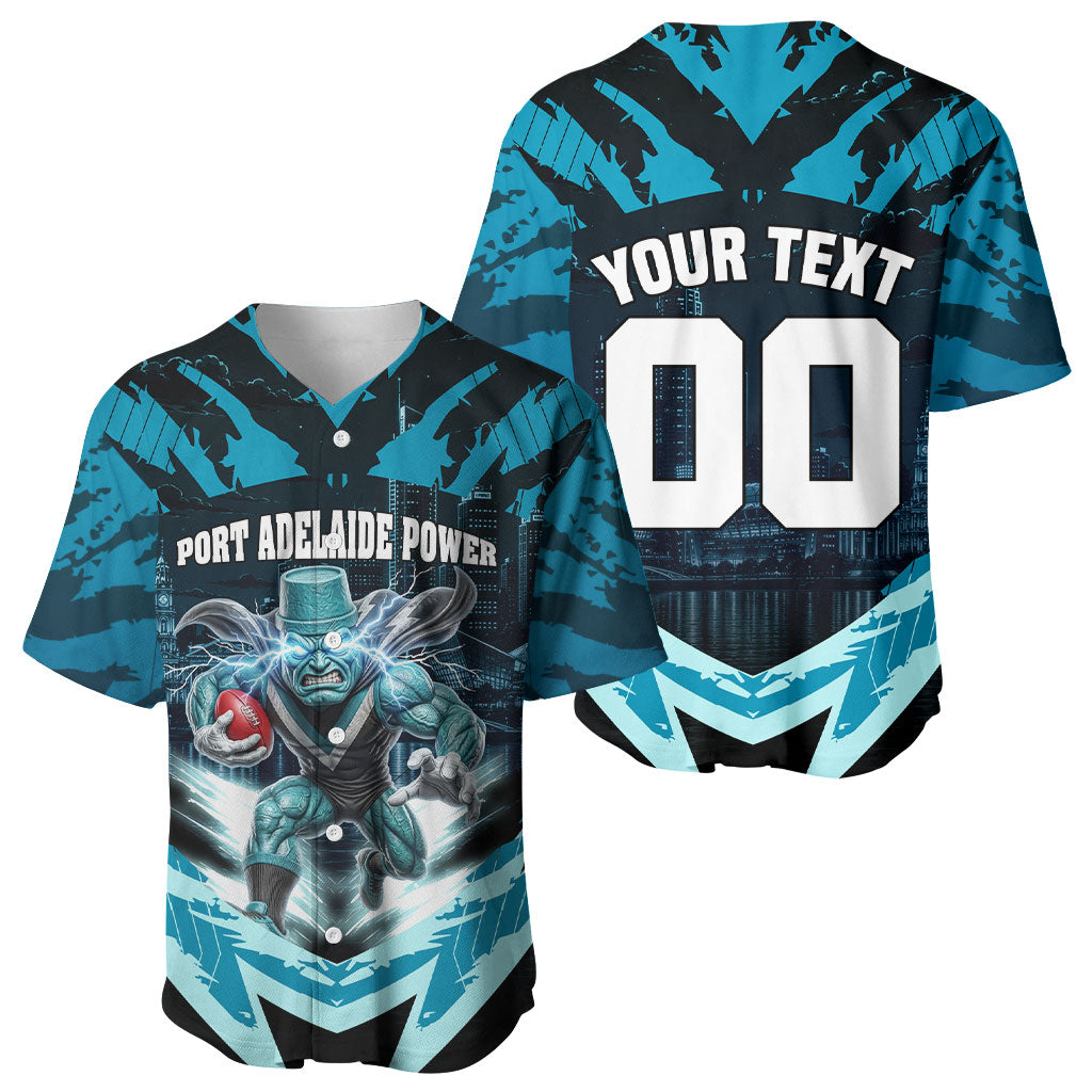 Personalised Port Adelaide Power Football Baseball Jersey Teal Lightning Mascot Charging Cityscape