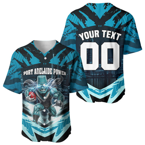 Personalised Port Adelaide Power Football Baseball Jersey Teal Lightning Mascot Charging Cityscape