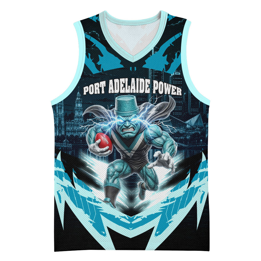 Personalised Port Adelaide Power Football Basketball Jersey Teal Lightning Mascot Charging Cityscape