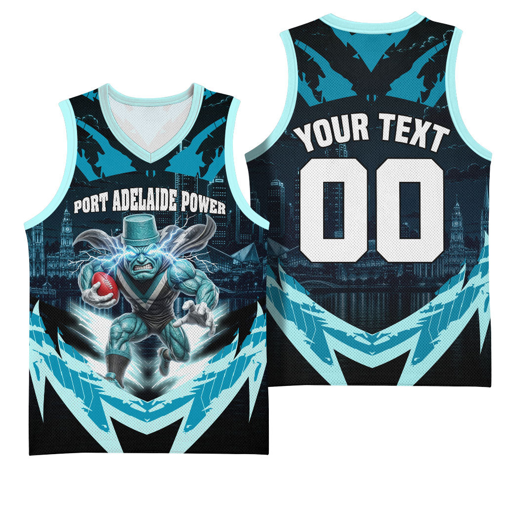 Personalised Port Adelaide Power Football Basketball Jersey Teal Lightning Mascot Charging Cityscape