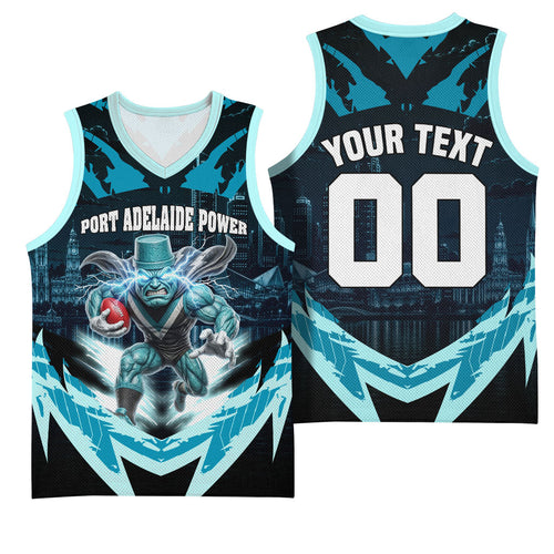 Personalised Port Adelaide Power Football Basketball Jersey Teal Lightning Mascot Charging Cityscape