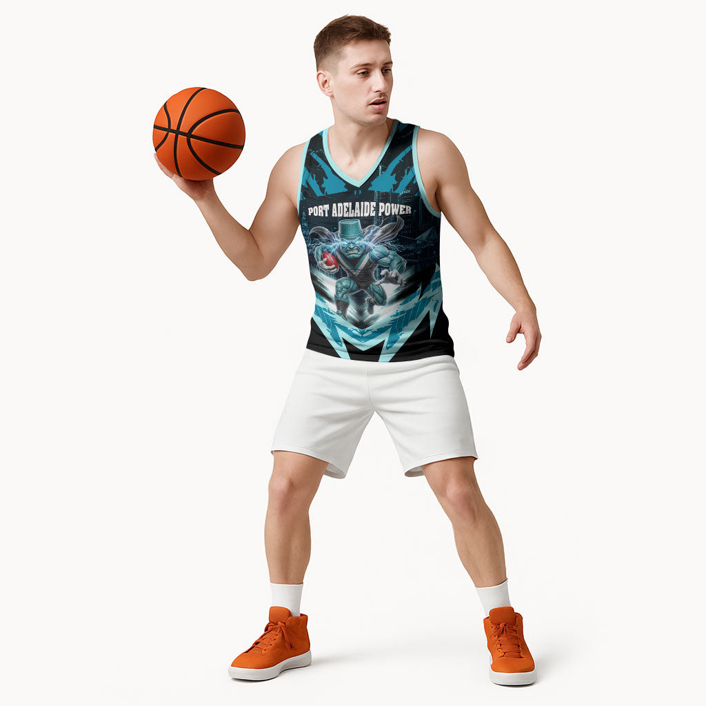 Personalised Port Adelaide Power Football Basketball Jersey Teal Lightning Mascot Charging Cityscape