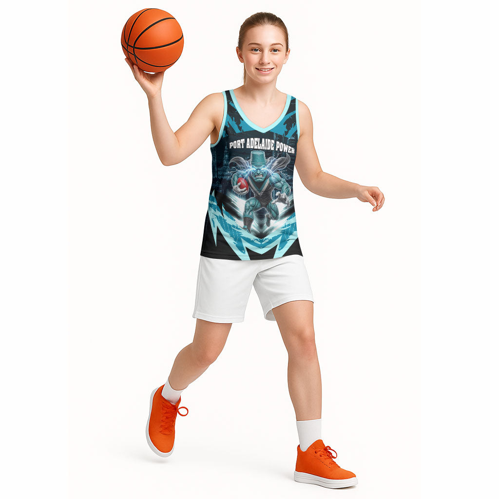 Personalised Port Adelaide Power Football Basketball Jersey Teal Lightning Mascot Charging Cityscape