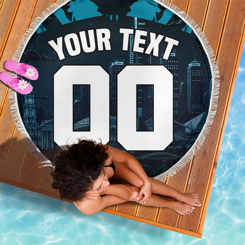 Personalised Port Adelaide Power Football Beach Blanket Teal Lightning Mascot Charging Cityscape