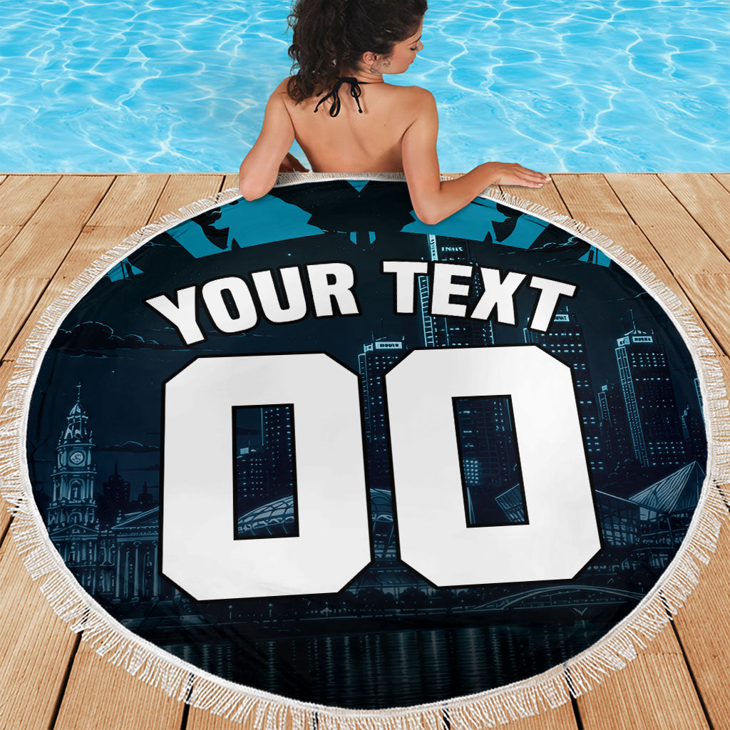 Personalised Port Adelaide Power Football Beach Blanket Teal Lightning Mascot Charging Cityscape