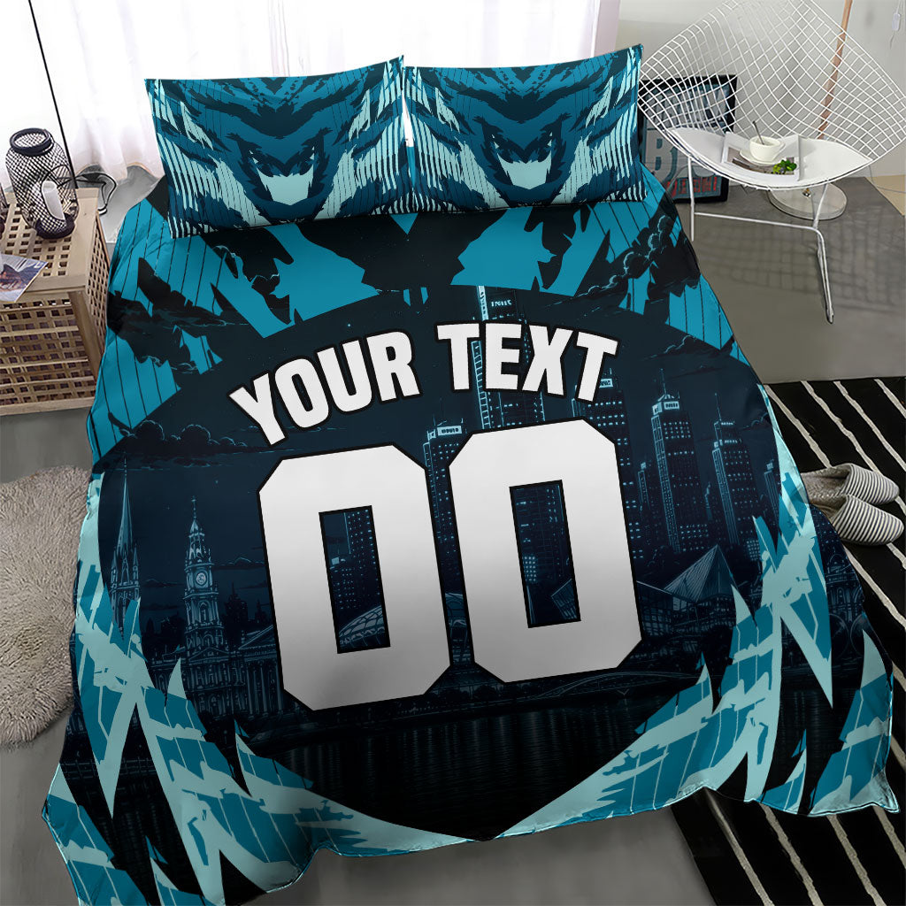 Personalised Port Adelaide Power Football Bedding Set Teal Lightning Mascot Charging Cityscape