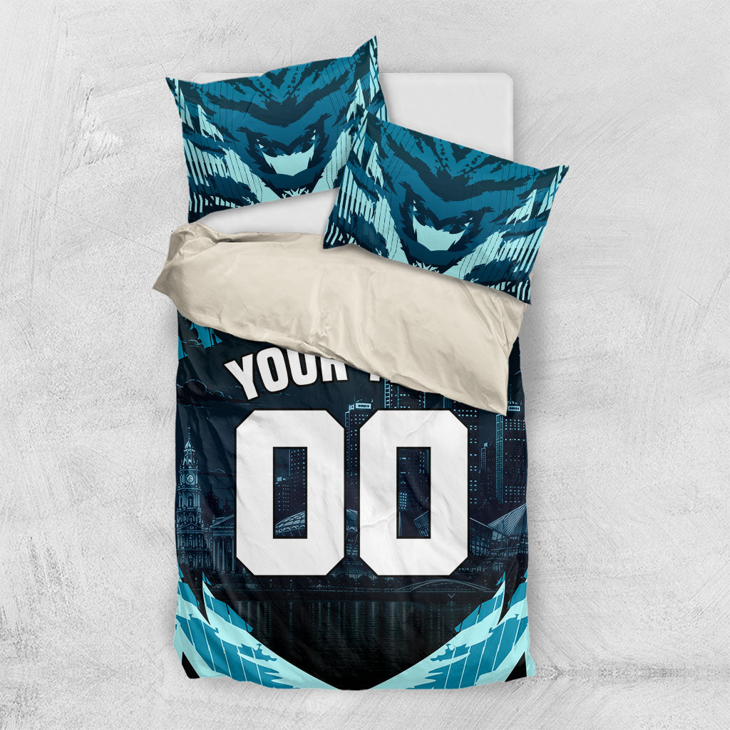 Personalised Port Adelaide Power Football Bedding Set Teal Lightning Mascot Charging Cityscape