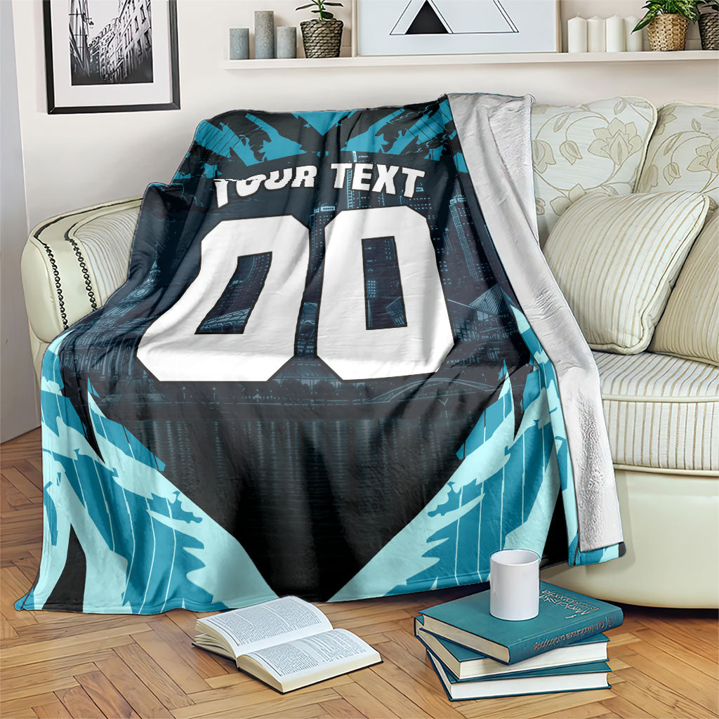 Personalised Port Adelaide Power Football Blanket Teal Lightning Mascot Charging Cityscape