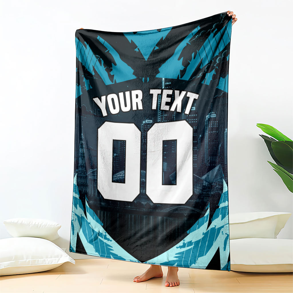 Personalised Port Adelaide Power Football Blanket Teal Lightning Mascot Charging Cityscape