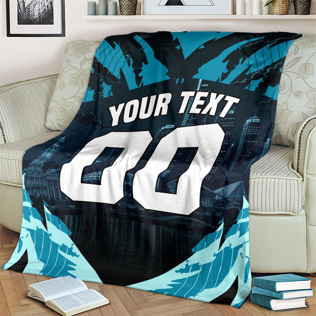 Personalised Port Adelaide Power Football Blanket Teal Lightning Mascot Charging Cityscape