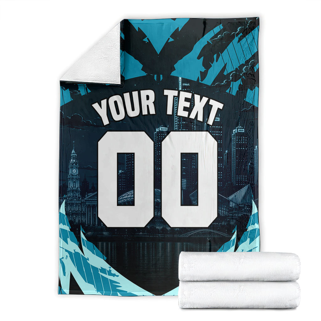 Personalised Port Adelaide Power Football Blanket Teal Lightning Mascot Charging Cityscape