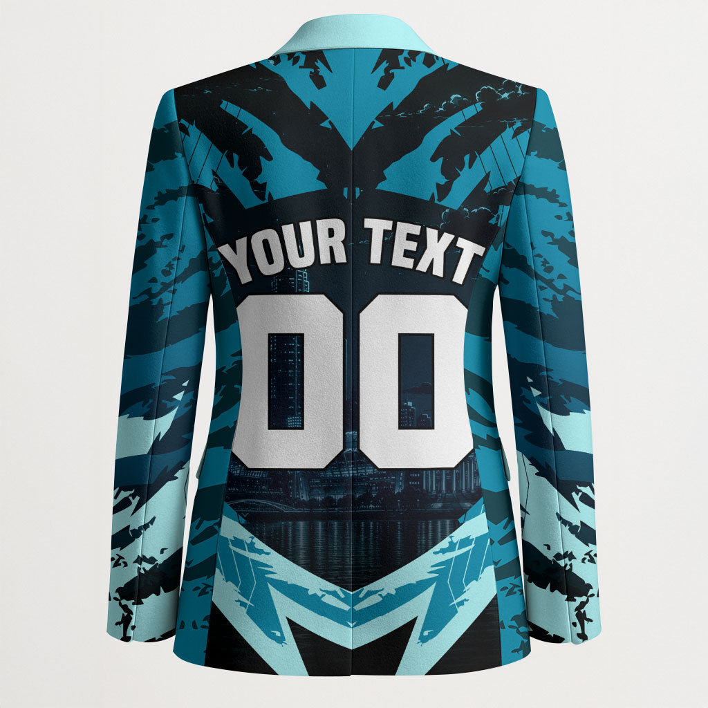 Personalised Port Adelaide Power Football Blazer Teal Lightning Mascot Charging Cityscape