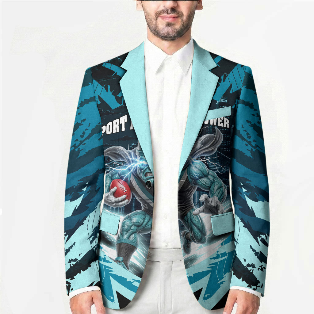 Personalised Port Adelaide Power Football Blazer Teal Lightning Mascot Charging Cityscape