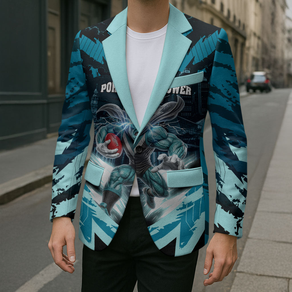 Personalised Port Adelaide Power Football Blazer Teal Lightning Mascot Charging Cityscape