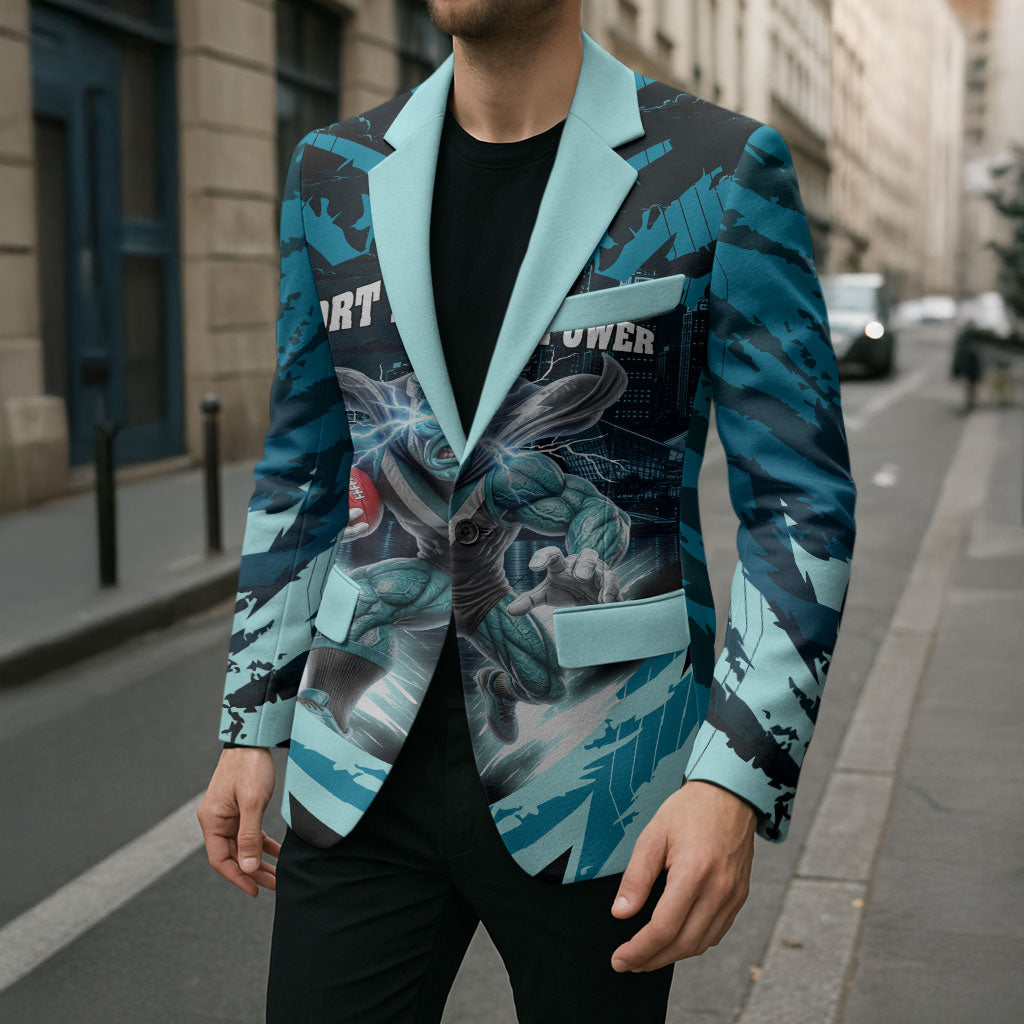Personalised Port Adelaide Power Football Blazer Teal Lightning Mascot Charging Cityscape