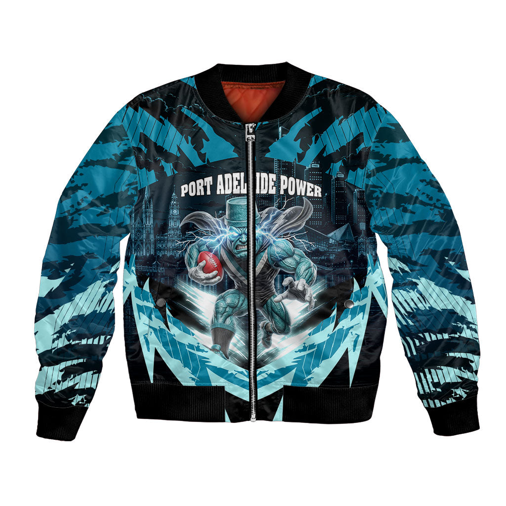 Personalised Port Adelaide Power Football Bomber Jacket Teal Lightning Mascot Charging Cityscape
