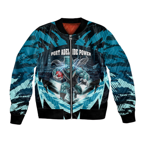 Personalised Port Adelaide Power Football Bomber Jacket Teal Lightning Mascot Charging Cityscape